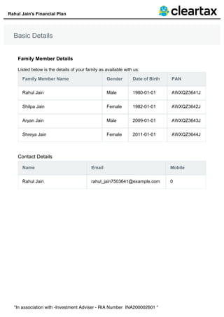 Sample Financial Plan of Rahul Jain - ClearTax | PDF