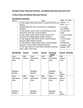 Sample Food, Physical Activity, and Blood Glucose Record Form

3-Day Food and Blood Glucose Record

Breakfast Example
                                                                    Time: 7:30   CHO
Name _______________________ Date _________
                                                                    choices: 4 1/2
     o In the upper left-hand corner record the time of
                                                                    Dose: 6 lispro
       eating
     o Underneath the time record your medication                   1 ½ cup
       dose(s)                                                      cornflakes
     o In the center write down everything you eat                  ½ cup skim
       and drink with the amount eaten                              milk
     o In the upper right-hand corner record the                    ½ cup orange
       number of carbohydrate (CHO) choices                         juice
     o In the bottom left-hand corner record blood                  1 slice toast
       glucose (BG) before eating                                   1 tsp
     o In the bottom right-hand corner record blood                 margarine
       glucose 2 hours after starting eating                        BG Before: 152
     o In the last column write down physical activity,             BG After: 186
       time, type, how long

Breakfast      Snack         Lunch       Snack      Evening        Snack Activity
                                                     Meal
Time:          CHO        Time:          CHO        Time:          CHO
CHO choices:   choices:   CHO choices:   choices:   CHO choices:   choices:
Dose:                     Dose:                     Dose:          Dose:




BG Before:                BG Before:                BG Before:
                                                                   BG
BG After:                 BG After:                 BG After:
                                                                   Before:
Time:          CHO        Time:          CHO        Time:          CHO
CHO choices:   choices:   CHO choices:   choices:   CHO choices:   choices:
Dose:                     Dose:                     Dose:          Dose:




BG Before:                BG Before:                BG Before:
                                                                   BG
BG After:                 BG After:                 BG After:
                                                                   Before:
 