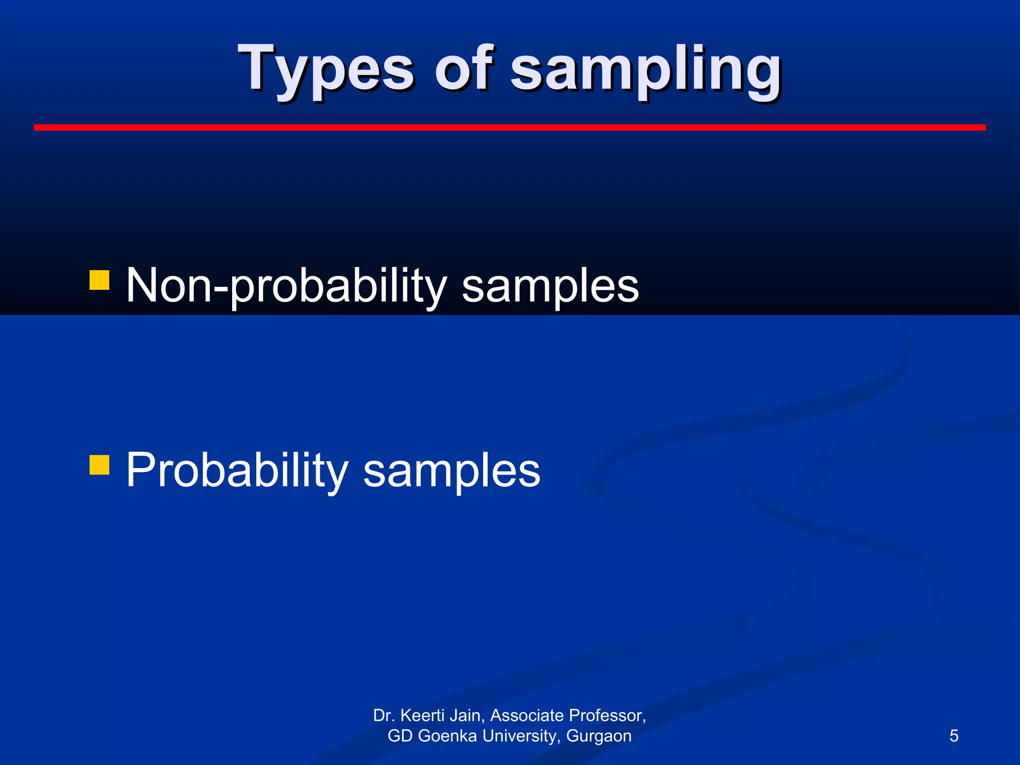 Types of samplingTypes of sampling
 Non-probability samples
 Probability samples
Dr. Keerti Jain, Associate Professor,
GD Goenka University, Gurgaon 5
 