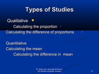 Types of StudiesTypes of Studies
QualitativeQualitative
•Calculating the proportionCalculating the proportion
•Calculating the difference of proportionsCalculating the difference of proportions
QuantitativeQuantitative
Calculating the meanCalculating the mean
Calculating the difference in meanCalculating the difference in mean
Dr. Keerti Jain, Associate Professor,
GD Goenka University, Gurgaon 21
 