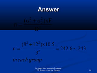 AnswerAnswer
groupeachin
243~6.242
3
)x10.512(8
n 2
22
=
+
=
2
2
2
2
1
D
)xFσ(σ
n
+
=
Dr. Keerti Jain, Associate Professor,
GD Goenka University, Gurgaon 26
 