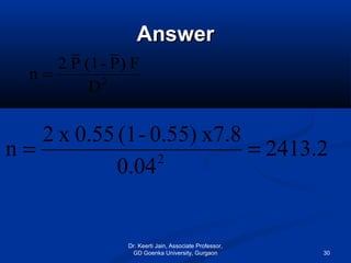 AnswerAnswer
2.2413
0.04
x7.80.55)-(10.55x2
n 2
==
2
D
F)P-(1P2
n =
Dr. Keerti Jain, Associate Professor,
GD Goenka University, Gurgaon 30
 