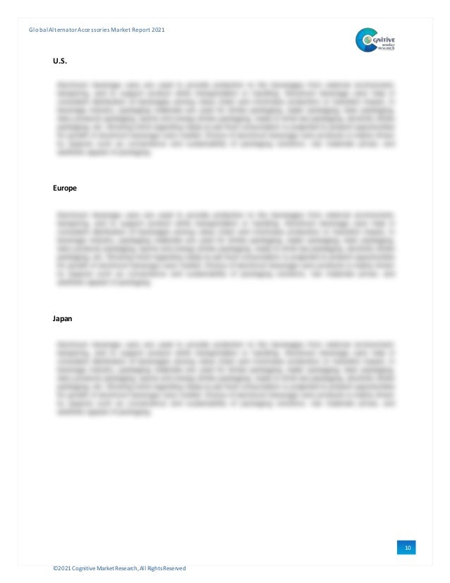 ©2021 Cognitive Market Research,All Rights Reserved
GlobalAlternator Accessories Market Report 2021
10
1
U.S.
Europe
Japan
 