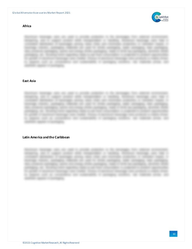©2021 Cognitive Market Research,All Rights Reserved
GlobalAlternator Accessories Market Report 2021
10
2
Africa
East Asia
Latin America and the Caribbean
 