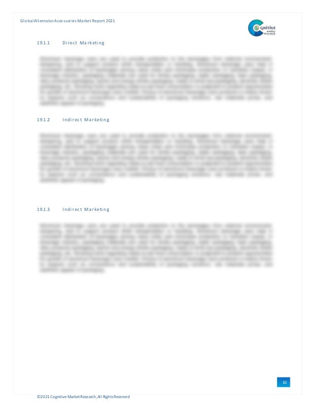 ©2021 Cognitive Market Research,All Rights Reserved
GlobalAlternator Accessories Market Report 2021
10
7
19.1.1 Di rect Marketi ng
19.1.2 Indi rect Marketi ng
19.1.3 Indi rect Marketi ng
 