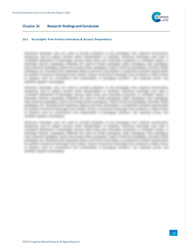 ©2021 Cognitive Market Research,All Rights Reserved
GlobalAlternator Accessories Market Report 2021
14
8
Chapter 26 Research Findings and Conclusion
26.1 Key Insights from Primary Interviews & Survey’s Respondents
 