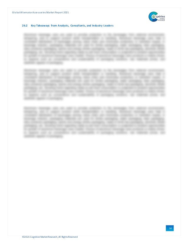 ©2021 Cognitive Market Research,All Rights Reserved
GlobalAlternator Accessories Market Report 2021
14
9
26.2 Key Takeaways from Analysts, Consultants, and Industry Leaders
 