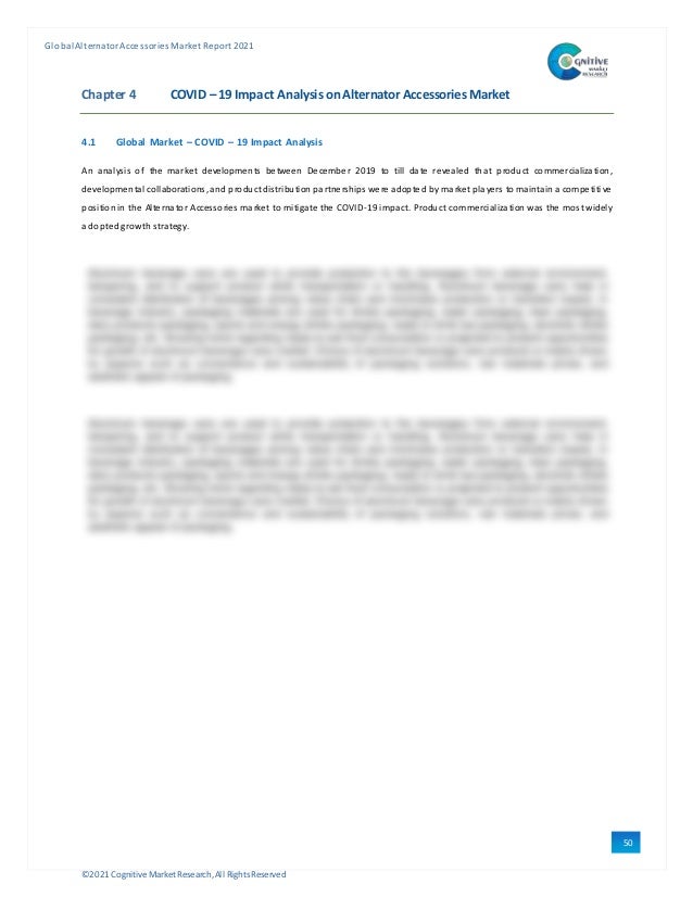 ©2021 Cognitive Market Research,All Rights Reserved
GlobalAlternator Accessories Market Report 2021
50
Chapter 4 COVID – 19 Impact Analysis on Alternator Accessories Market
4.1 Global Market – COVID – 19 Impact Analysis
An analysis of the market developments between December 2019 to till date revealed that product commercialization,
developmental collaborations,and product distribution partnerships were adopted by market players to maintain a competitive
positionin the Alternator Accessories market to mitigate the COVID-19 impact. Product commercialization was the most widely
adoptedgrowth strategy.
 