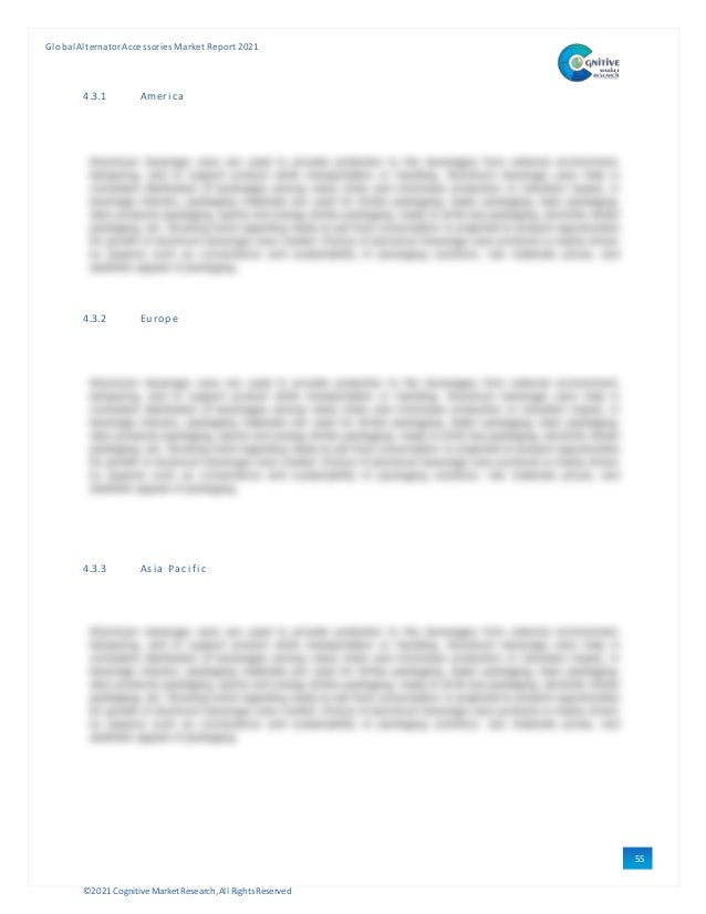 ©2021 Cognitive Market Research,All Rights Reserved
GlobalAlternator Accessories Market Report 2021
55
4.3.1 Ameri ca
4.3.2 Europe
4.3.3 Asi a Paci fi c
 