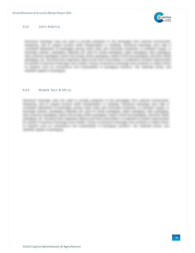©2021 Cognitive Market Research,All Rights Reserved
GlobalAlternator Accessories Market Report 2021
56
4.3.4 Lati n Ameri ca
4.3.5 Mi ddl e East & Afri ca
 