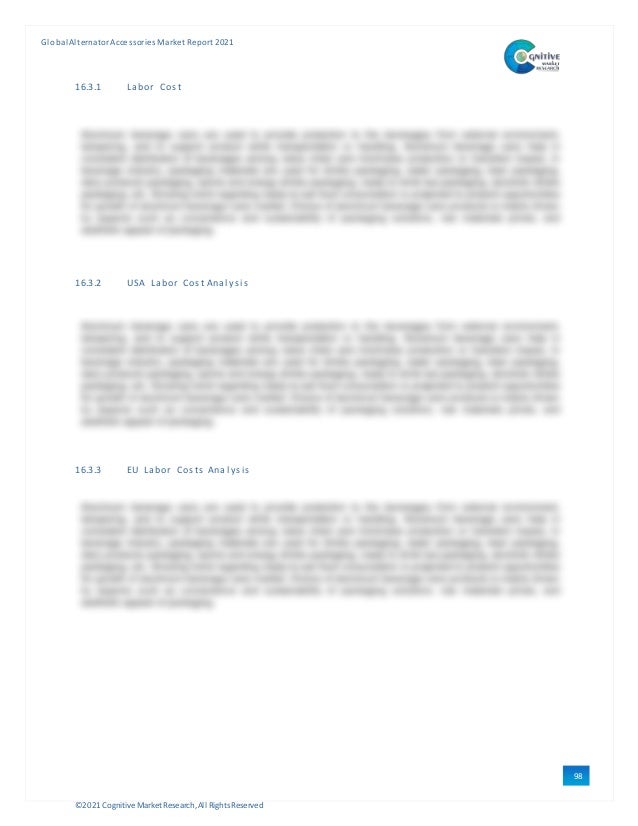 ©2021 Cognitive Market Research,All Rights Reserved
GlobalAlternator Accessories Market Report 2021
98
16.3.1 Labor Cost
16.3.2 USA Labor Cost Anal ysi s
16.3.3 EU Labor Costs Anal ysi s
 