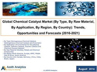 (c) AZOTH Analytics
August 2016
Global Chemical Catalyst Market (By Type, By Raw Material,
By Application, By Region, By Country): Trends,
Opportunities and Forecasts (2016-2021)
• By Type (Homogeneous Chemical Catalyst,
Heterogeneous Chemical Catalyst and Enzymatic)
• By Application (Environmental Air De-polluting
Catalyst, Refinery Catalyst, Polymer Catalyst and
Chemical Process Catalyst)
• By Raw Material (Zeolites, Metals and Chemical
Compounds)
• By Region-North America, Europe, APAC, Middle
East & Africa, South America
• By Country (US, Canada, Germany, China, India,
Brazil, Japan)
 