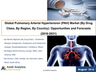 (c) AZOTH Analytics August 2016
Global Pulmonary Arterial Hypertension (PAH) Market (By Drug
Class, By Region, By Country): Opportunities and Forecasts
(2016-2021)
• By Market Segment (By Drug Class) - Endothelin
Receptor Antagonists, Prostacyclin and Prostacyclin
Analogs, Phosphodiesterase V Inhibitors, Others
• By Region-North America, Europe, APAC, Latin
America, MEA
• By Country- USA, Canada, UK, Germany, Japan,
Brazil, South Africa
 