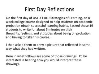 First Day Reflections
On the first day of USTD 1101: Strategies of Learning, an 8
week college course designed to help students on academic
probation obtain successful learning habits, I asked these 19
students to write for about 5 minutes on their
thoughts, feelings, and attitudes about being on probation
and having to take this course.

I then asked them to draw a picture that reflected in some
way what they had written.

Here in what follows are some of those drawings. I’d be
interested in hearing how you would interpret these
drawings.
 