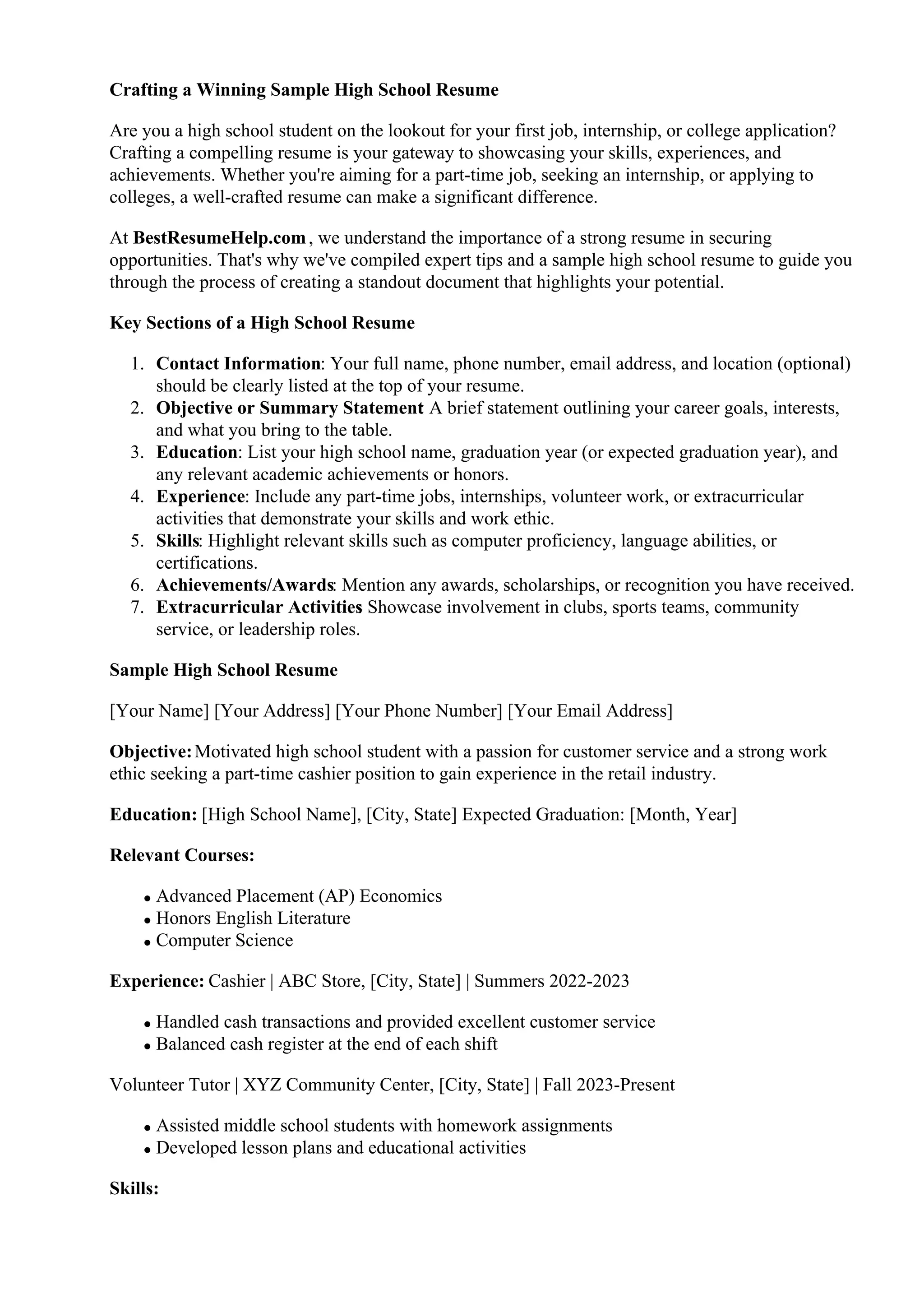 Sample High School Resume PDF - Sample High School Resume 1 2048 