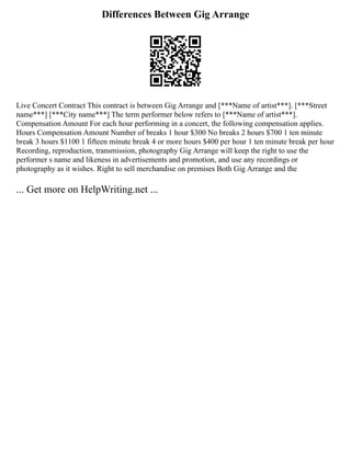 Differences Between Gig Arrange
Live Concert Contract This contract is between Gig Arrange and [***Name of artist***]. [***Street
name***] [***City name***] The term performer below refers to [***Name of artist***].
Compensation Amount For each hour performing in a concert, the following compensation applies.
Hours Compensation Amount Number of breaks 1 hour $300 No breaks 2 hours $700 1 ten minute
break 3 hours $1100 1 fifteen minute break 4 or more hours $400 per hour 1 ten minute break per hour
Recording, reproduction, transmission, photography Gig Arrange will keep the right to use the
performer s name and likeness in advertisements and promotion, and use any recordings or
photography as it wishes. Right to sell merchandise on premises Both Gig Arrange and the
... Get more on HelpWriting.net ...
 