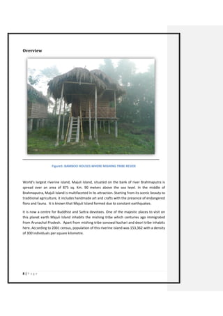 8 | P a g e 
Overview 
Figure5: BAMBOO HOUSES WHERE MISHING TRIBE RESIDE 
World’s largest riverine island, Majuli Island, situated on the bank of river Brahmaputra is spread over an area of 875 sq. Km. 90 meters above the sea level. In the middle of Brahmaputra, Majuli Island is multifaceted in its attraction. Starting from its scenic beauty to traditional agriculture, it includes handmade art and crafts with the presence of endangered flora and fauna. It is known that Majuli Island formed due to constant earthquakes. 
It is now a centre for Buddhist and Sattra devotees. One of the majestic places to visit on this planet earth Majuli Island inhabits the mishing tribe which centuries ago immigrated from Arunachal Pradesh. Apart from mishing tribe sonowal kachari and deori tribe inhabits here. According to 2001 census, population of this riverine island was 153,362 with a density of 300 individuals per square kilometre.  