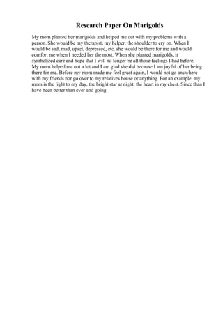 Research Paper On Marigolds
My mom planted her marigolds and helped me out with my problems with a
person. She would be my therapist, my helper, the shoulder to cry on. When I
would be sad, mad, upset, depressed, etc. she would be there for me and would
comfort me when I needed her the most. When she planted marigolds, it
symbolized care and hope that I will no longer be all those feelings I had before.
My mom helped me out a lot and I am glad she did because I am joyful of her being
there for me. Before my mom made me feel great again, I would not go anywhere
with my friends nor go over to my relatives house or anything. For an example, my
mom is the light to my day, the bright star at night, the heart in my chest. Since than I
have been better than ever and going
 