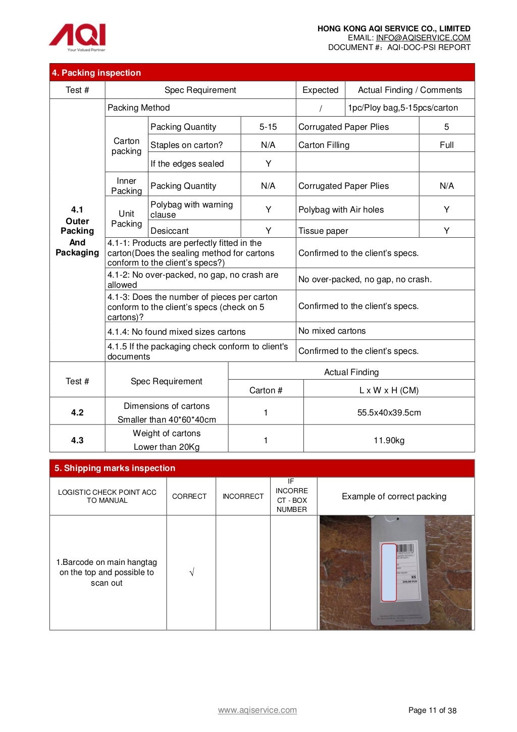 Sample inspection report for Garmentsoftshell coat