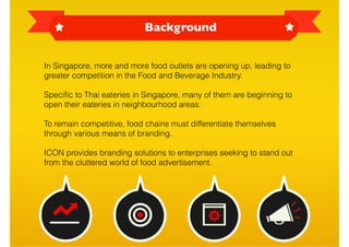 Background


In Singapore, more and more food outlets are opening up, leading to
greater competition in the Food and Beverage Industry.

Speciﬁc to Thai eateries in Singapore, many of them are beginning to
open their eateries in neighbourhood areas.

To remain competitive, food chains must differentiate themselves
through various means of branding.

ICON provides branding solutions to enterprises seeking to stand out
from the cluttered world of food advertisement.




                                                                       2
 