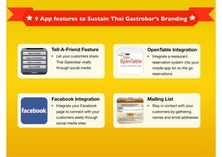 9 App features to Sustain Thai Gastrobar’s Branding




     Tell-A-Friend Feature           OpenTable Integration
     •   Let your customers share    •   Integrate a restaurant
         Thai Gastrobar virally          reservation system into your
         through social media            mobile app for on the go
                                         reservations




     Facebook Integration            Mailing List
     •   Integrate your Facebook     •   Stay in contact with your
         page to connect with your       customers by gathering
         customers easily through        names and email addresses
         social media sites




                                                                        8
 
