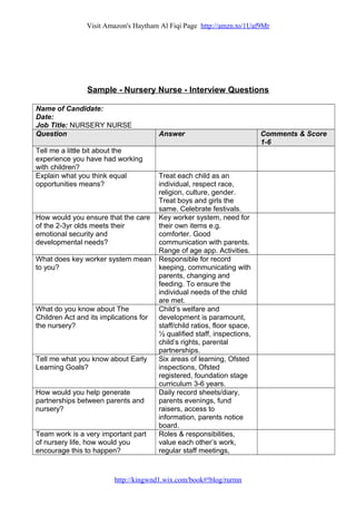 Visit Amazon's Haytham Al Fiqi Page http://amzn.to/1Uaf9Mr
Sample - Nursery Nurse - Interview Questions
Name of Candidate:
Date:
Job Title: NURSERY NURSE
Question Answer Comments & Score
1-6
Tell me a little bit about the
experience you have had working
with children?
Explain what you think equal
opportunities means?
Treat each child as an
individual, respect race,
religion, culture, gender.
Treat boys and girls the
same. Celebrate festivals.
How would you ensure that the care
of the 2-3yr olds meets their
emotional security and
developmental needs?
Key worker system, need for
their own items e.g.
comforter. Good
communication with parents.
Range of age app. Activities.
What does key worker system mean
to you?
Responsible for record
keeping, communicating with
parents, changing and
feeding. To ensure the
individual needs of the child
are met.
What do you know about The
Children Act and its implications for
the nursery?
Child’s welfare and
development is paramount,
staff/child ratios, floor space,
½ qualified staff, inspections,
child’s rights, parental
partnerships.
Tell me what you know about Early
Learning Goals?
Six areas of learning, Ofsted
inspections, Ofsted
registered, foundation stage
curriculum 3-6 years.
How would you help generate
partnerships between parents and
nursery?
Daily record sheets/diary,
parents evenings, fund
raisers, access to
information, parents notice
board.
Team work is a very important part
of nursery life, how would you
encourage this to happen?
Roles & responsibilities,
value each other’s work,
regular staff meetings,
http://kingwnd1.wix.com/book#!blog/rurmn
 