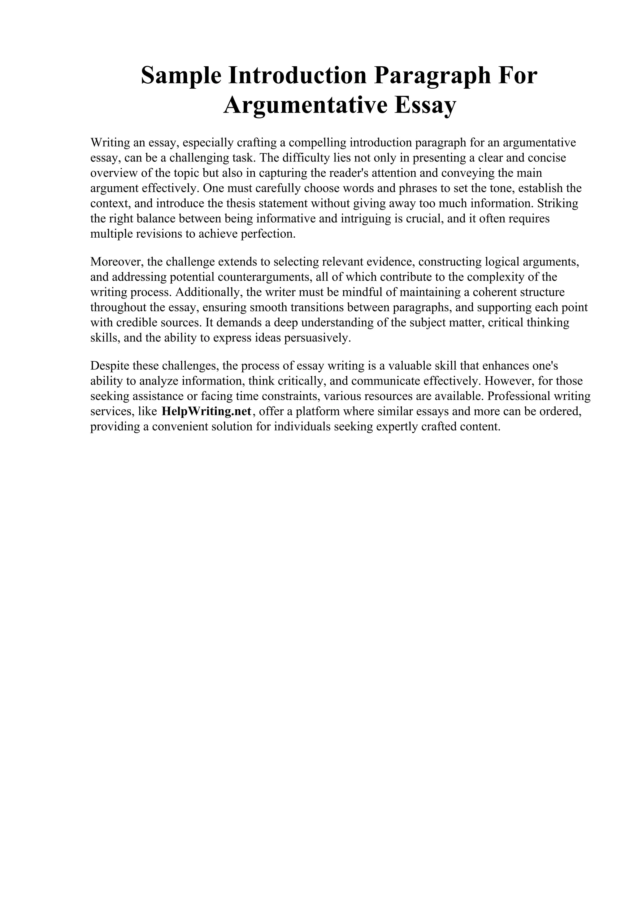 Sample Introduction Paragraph For Argumentative Essay | PDF