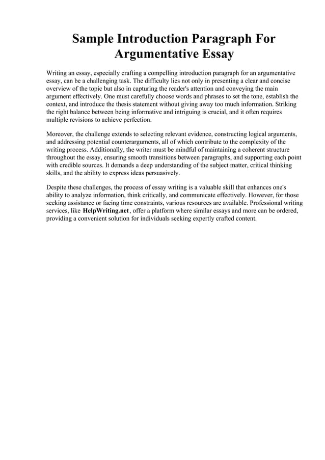 Sample Introduction Paragraph For Argumentative Essay | PDF