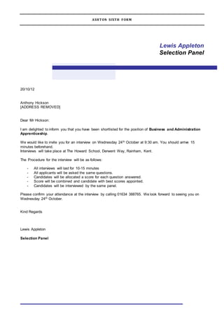 Sample Invitation To Interview