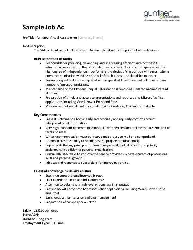 sample job ad job title full time virtual assistant for company name