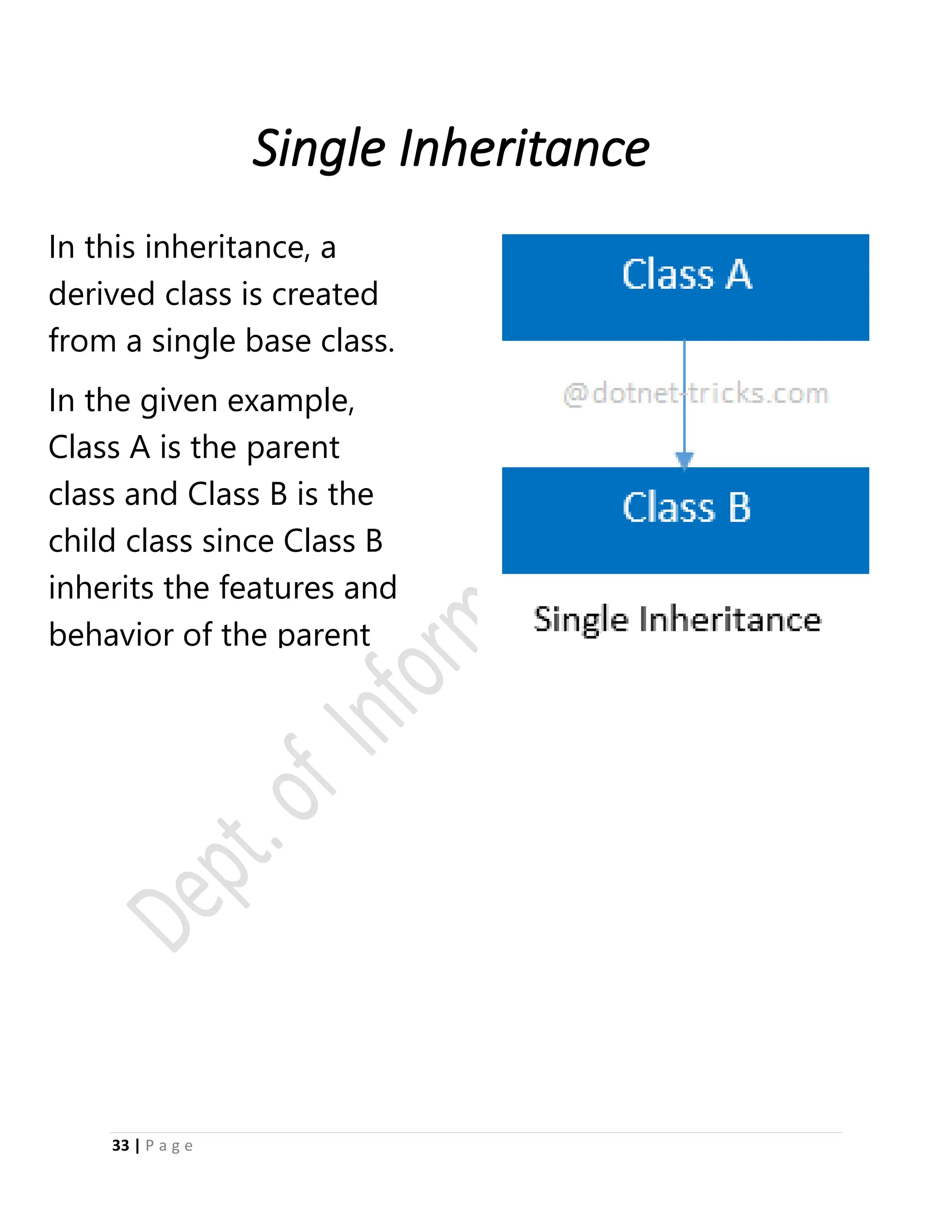 33 | P a g e
Single Inheritance
In this inheritance, a
derived class is created
from a single base class.
In the given example,
Class A is the parent
class and Class B is the
child class since Class B
inherits the features and
behavior of the parent
class A.
 