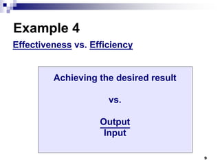 Example 4
Effectiveness vs. Efficiency


         Achieving the desired result

                      vs.

                    Output
                     Input

                                        9
 
