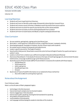 EDUC 4500 class library research skills | PDF