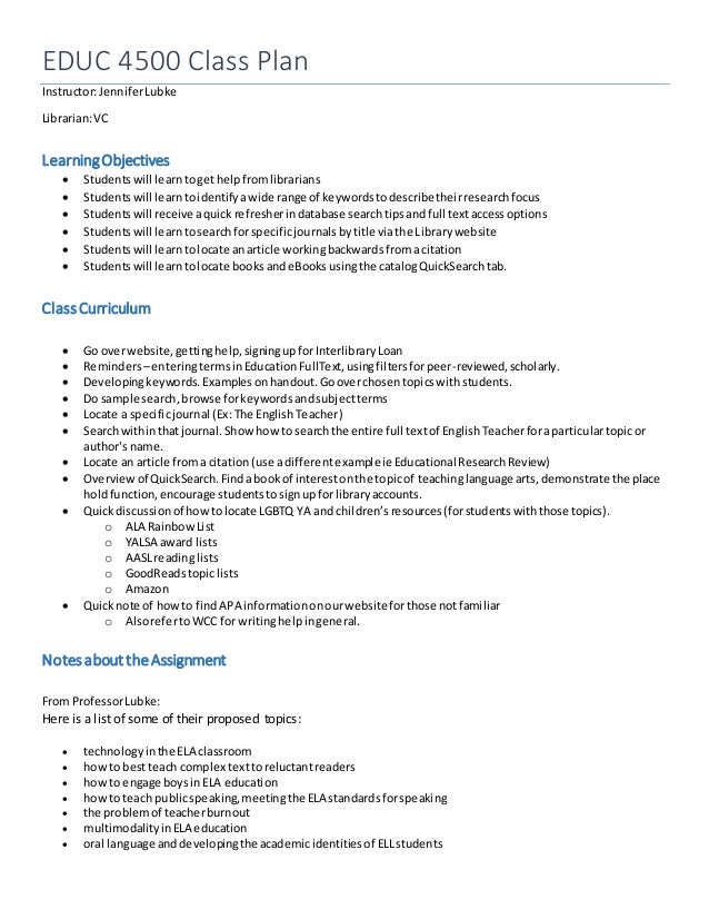 Sample Library Instruction Lesson Plan