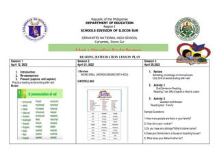 Republic of the Philippines
DEPARTMENT OF EDUCATION
Region I
SCHOOLS DIVISION OF ILOCOS SUR
CERVANTES NATIONAL HIGH SCHOOL
Cervantes, Ilocos Sur
READING REMEDIATION LESSON PLAN
Session 1
April 12, 2022
Session 2
April 21, 2022
Session 3
April 28,2022
1. Introduction
2. Re-assessment
3. Present (explore and explain)
Practicereadingwordsendingwith/-ed/
Model
1.Review
WORDDRILL (WORDSENDING WITH/ED/)
2.MODELLING
1. Review
Activating knowledgeonhomophones
Oral Drillonwords endingwith/-ed/
2. Activity 1
OralSentenceReading
ReadingText:Why Englishis Hardto Learn
3. Activity 2
QuestionandAnswer
Readingtext : Family
SampleQuestions:
1.Howmanypeoplearethere in your family?
2. How oldis your mother?
3.Do you have any siblings?What’shis/hername?
4.Doesyour familylive in a houseor boardinghouse?
5. What doesyour father/motherdo?
Adopt-a-Struggling-Reader Program
 