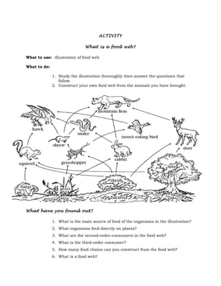 ACTIVITY

                               What is a food web?

What to use: illustration of food web

What to do:

              1. Study the illustration thoroughly then answer the questions that
                 follow.
              2. Construct your own food web from the animals you have brought.




What have you found out?

              1. What is the main source of food of the organisms in the illustration?
              2. What organisms feed directly on plants?
              3. What are the second-order-consumers in the food web?
              4. What is the third-order consumer?
              5. How many food chains can you construct from the food web?
              6. What is a food web?
 