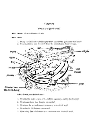 ACTIVITY

                              What is a food web?

What to use: illustration of food web

What to do:

      1. ...