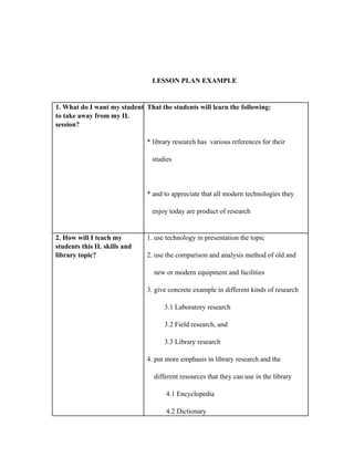 LESSON PLAN EXAMPLE
1. What do I want my student
to take away from my IL
session?
That the students will learn the following:
* library research has  various references for their
   studies
* and to appreciate that all modern technologies they
   enjoy today are product of research
2. How will I teach my
students this IL skills and
library topic?
1. use technology in presentation the topic
2. use the comparison and analysis method of old and
    new or modern equipment and facilities
3. give concrete example in different kinds of research
          3.1 Laboratory research
          3.2 Field research, and
          3.3 Library research
4. put more emphasis in library research and the
    different resources that they can use in the library
           4.1 Encyclopedia
           4.2 Dictionary
 