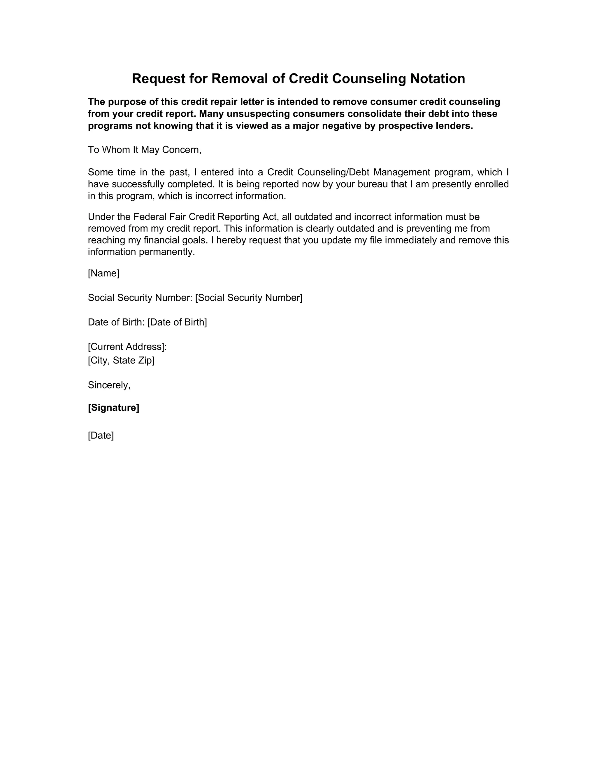 Sample letter request for removal of credit counseling notation | DOC