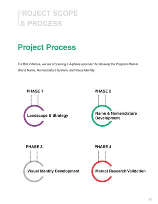 12
& PROCESS
PROJECT SCOPE
---------
------------------
---------
------------------
Landscape & Strategy
PHASE 1 PHASE 2
PHASE 4
Name & Nomenclature
Development
Market Research Validation
Project Process
Visual Identity Development
---------
---------
PHASE 3
For this initiative, we are proposing a 4-phase approach to develop the Program Master
Brand Name, Nomenclature System, and Visual Identity:
 