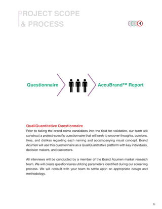 31
& PROCESS
PROJECT SCOPE
QualiQuantitative Questionnaire
Prior to taking the brand name candidates into the field for validation, our team will
construct a project-specific questionnaire that will seek to uncover thoughts, opinions,
likes, and dislikes regarding each naming and accompanying visual concept. Brand
Acumen will use this questionnaire as a QualiQuantitative platform with key individuals,
decision makers, and customers.
All interviews will be conducted by a member of the Brand Acumen market research
team. We will create questionnaires utilizing parameters identified during our screening
process. We will consult with your team to settle upon an appropriate design and
methodology.
Questionnaire AccuBrand™ Report
4
 