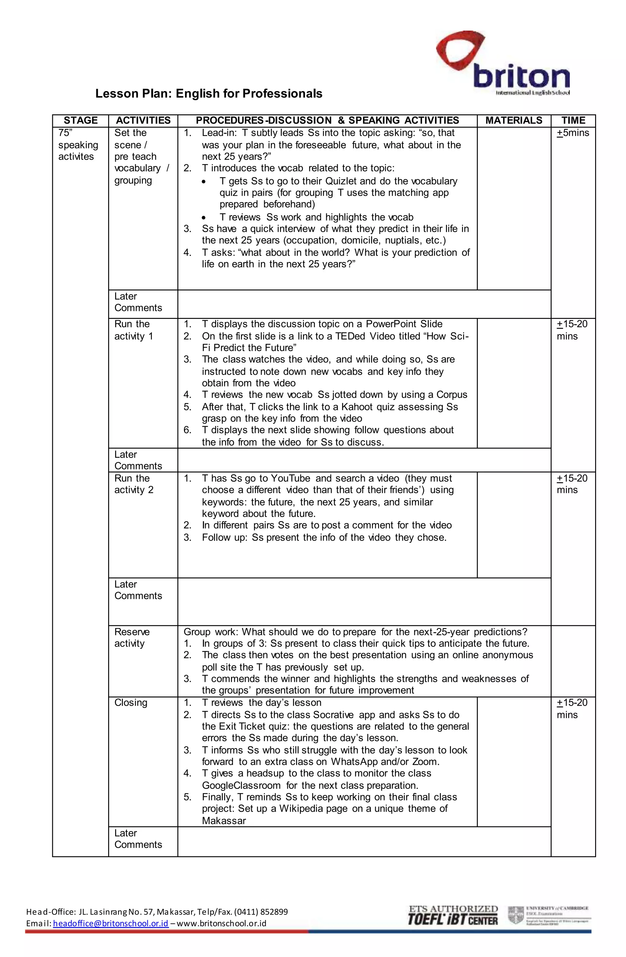 Sample Lesson Plan of an ESL/EFL CALL Methodology | DOCX | Educational ...
