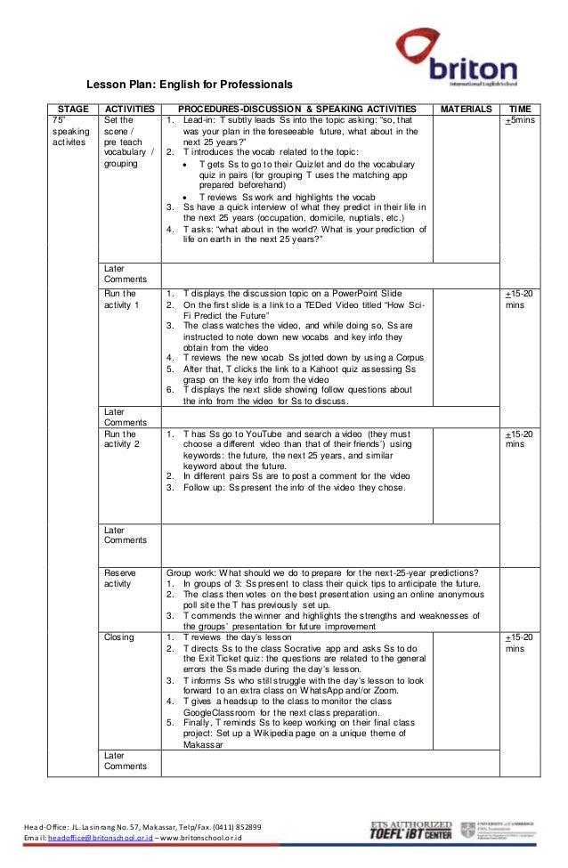 Sample Lesson Plan of an ESL/EFL CALL Methodology