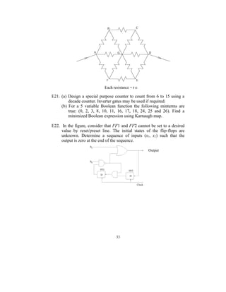 E21. (a) Design a special purpose counter to count from 6 to 15 using a
         decade counter. Inverter gates may be used if required.
     (b) For a 5 variable Boolean function the following minterms are
         true: (0, 2, 3, 8, 10, 11, 16, 17, 18, 24, 25 and 26). Find a
         minimized Boolean expression using Karnaugh map.

E22. In the figure, consider that FF1 and FF2 cannot be set to a desired
     value by reset/preset line. The initial states of the flip-flops are
     unknown. Determine a sequence of inputs (x1, x2) such that the
     output is zero at the end of the sequence.

                                                     Output




                                   33
 