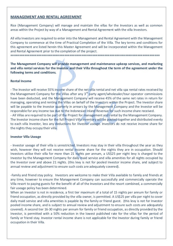sample management agreement basic terms management and rental agreementrice management company will manage and maintain the villas for the