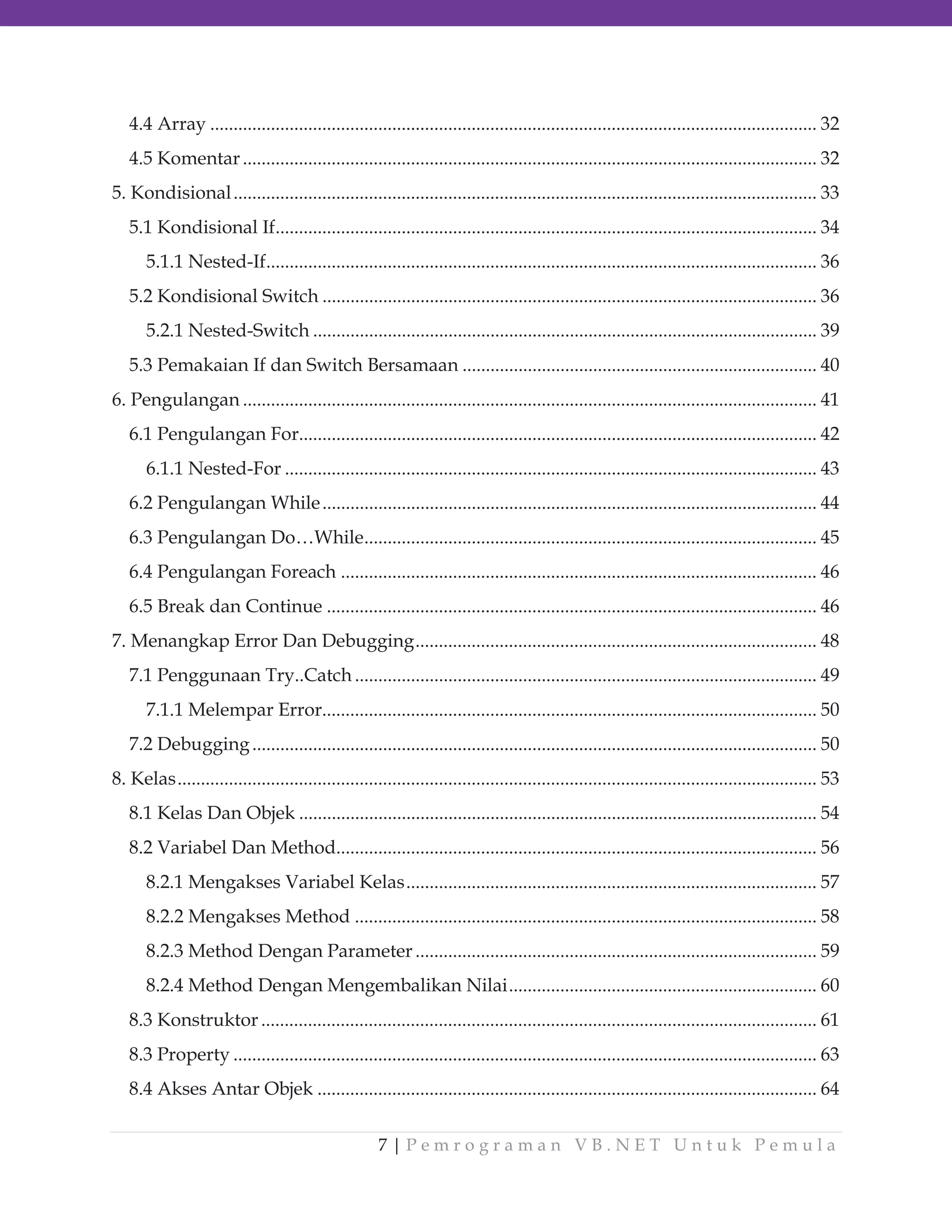 4.4 Array .................................................................................................................................. 32
4.5 Komentar ........................................................................................................................... 32
5. Kondisional ............................................................................................................................. 33
5.1 Kondisional If.................................................................................................................... 34
5.1.1 Nested-If...................................................................................................................... 36
5.2 Kondisional Switch .......................................................................................................... 36
5.2.1 Nested-Switch ............................................................................................................ 39
5.3 Pemakaian If dan Switch Bersamaan ............................................................................ 40
6. Pengulangan ........................................................................................................................... 41
6.1 Pengulangan For............................................................................................................... 42
6.1.1 Nested-For .................................................................................................................. 43
6.2 Pengulangan While .......................................................................................................... 44
6.3 Pengulangan Do…While ................................................................................................. 45
6.4 Pengulangan Foreach ...................................................................................................... 46
6.5 Break dan Continue ......................................................................................................... 46
7. Menangkap Error Dan Debugging ...................................................................................... 48
7.1 Penggunaan Try..Catch ................................................................................................... 49
7.1.1 Melempar Error.......................................................................................................... 50
7.2 Debugging ......................................................................................................................... 50
8. Kelas ......................................................................................................................................... 53
8.1 Kelas Dan Objek ............................................................................................................... 54
8.2 Variabel Dan Method....................................................................................................... 56
8.2.1 Mengakses Variabel Kelas ........................................................................................ 57
8.2.2 Mengakses Method ................................................................................................... 58
8.2.3 Method Dengan Parameter ...................................................................................... 59
8.2.4 Method Dengan Mengembalikan Nilai .................................................................. 60
8.3 Konstruktor ....................................................................................................................... 61
8.3 Property ............................................................................................................................. 63
8.4 Akses Antar Objek ........................................................................................................... 64
7|Pemrograman VB.NET Untuk Pemula

 