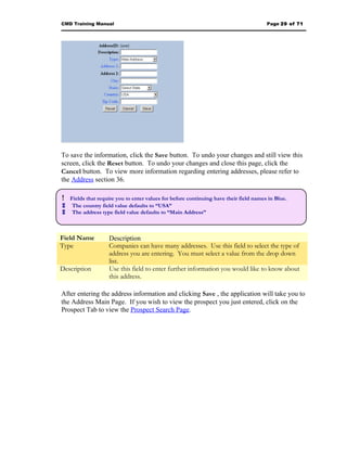 CMD Training Manual                                                                   Page 29 of 71




To save the information, click the Save button. To undo your changes and still view this
screen, click the Reset button. To undo your changes and close this page, click the
Cancel button. To view more information regarding entering addresses, please refer to
the Address section 36.

! Fields that require you to enter values for before continuing have their field names in Blue.
The country field value defaults to “USA”
The address type field value defaults to “Main Address”



Field Name         Description
Type               Companies can have many addresses. Use this field to select the type of
                   address you are entering. You must select a value from the drop down
                   list.
Description        Use this field to enter further information you would like to know about
                   this address.

After entering the address information and clicking Save , the application will take you to
the Address Main Page. If you wish to view the prospect you just entered, click on the
Prospect Tab to view the Prospect Search Page.
 