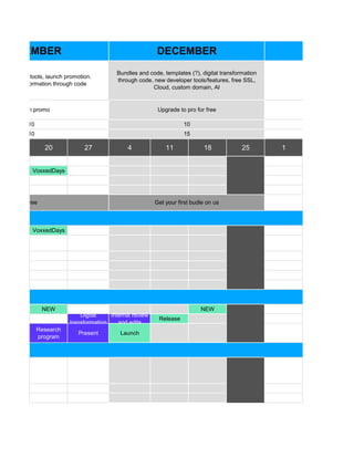 20 27 4 11 18 25 1
VoxxedDays
VoxxedDays
NEW NEW
Digital
transformation
Internal review
and edits
Release
Research
program
Present Launch
Starting with the
JAN
50% faster
w developer tools, launch promotion.
digital transformation through code
Bundles and code, templates (?), digital transformation
through code, new developer tools/features, free SSL,
Cloud, custom domain, AI
DECEMBERNOVEMBER
Get your first budle on us
Upgrade to pro for free
10
1510
10
Launch promo
Free
 