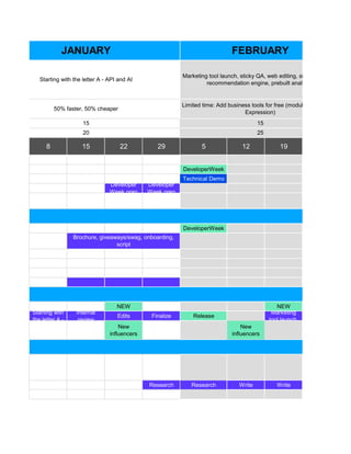 8 15 22 29 5 12 19
DeveloperWeek
Technical Demo
Developer
Week prep
Developer
Week prep
DeveloperWeek
NEW NEW
Starting with
the letter A -
Internal
review
Edits Finalize Release
Marketing
tool launch,
New
influencers
New
influencers
Research Research Write Write
Starting with the letter A - API and AI
Marketing tool launch, sticky QA, web editing, site building, AI
recommendation engine, prebuilt analytics
JANUARY FEBRUARY
50% faster, 50% cheaper
15
Limited time: Add business tools for free (module to "add" into
Expression)
Brochure, giveaways/swag, onboarding,
script
15
20 25
 