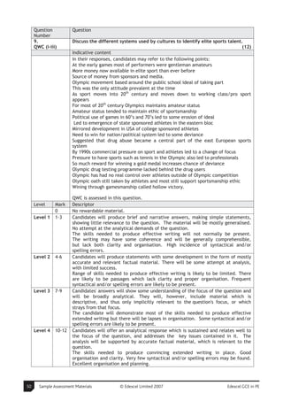 Question           Question
     Number
     9.                 Discuss the different systems used by cultures to identify elite sports talent.
     QWC (i-iii)                                                                                        (12)
                        Indicative content
                        In their responses, candidates may refer to the following points:
                        At the early games most of performers were gentleman amateurs
                        More money now available in elite sport than ever before
                        Source of money from sponsors and media.
                        Olympic movement based around the public school ideal of taking part
                        This was the only attitude prevalent at the time
                        As sport moves into 20th century and moves down to working class/pro sport
                        appears
                        For most of 20th century Olympics maintains amateur status
                        Amateur status tended to maintain ethic of sportsmanship
                        Political use of games in 60’s and 70’s led to some erosion of ideal
                         Led to emergence of state sponsored athletes in the eastern bloc
                        Mirrored development in USA of college sponsored athletes
                        Need to win for nation/political system led to some deviance
                        Suggested that drug abuse became a central part of the east European sports
                        system
                        By 1990s commercial pressure on sport and athletes led to a change of focus
                        Pressure to have sports such as tennis in the Olympic also led to professionals
                        So much reward for winning a gold medal increases chance of deviance
                        Olympic drug testing programme lacked behind the drug users
                        Olympic has had no real control over athletes outside of Olympic competition
                        Olympic oath still taken by athletes and most still support sportsmanship ethic
                        Wining through gamesmanship called hollow victory.

                       QWC is assessed in this question.
     Level     Mark    Descriptor
               0       No rewardable material.
     Level 1   1-3     Candidates will produce brief and narrative answers, making simple statements,
                       showing little relevance to the question. The material will be mostly generalised.
                       No attempt at the analytical demands of the question.
                       The skills needed to produce effective writing will not normally be present.
                       The writing may have some coherence and will be generally comprehensible,
                       but lack both clarity and organisation. High incidence of syntactical and/or
                       spelling errors.
     Level 2   4-6     Candidates will produce statements with some development in the form of mostly
                       accurate and relevant factual material. There will be some attempt at analysis,
                       with limited success.
                       Range of skills needed to produce effective writing is likely to be limited. There
                       are likely to be passages which lack clarity and proper organisation. Frequent
                       syntactical and/or spelling errors are likely to be present.
     Level 3   7-9     Candidates' answers will show some understanding of the focus of the question and
                       will be broadly analytical. They will, however, include material which is
                       descriptive, and thus only implicitly relevant to the question's focus, or which
                       strays from that focus.
                       The candidate will demonstrate most of the skills needed to produce effective
                       extended writing but there will be lapses in organisation. Some syntactical and/or
                       spelling errors are likely to be present.
     Level 4   10-12   Candidates will offer an analytical response which is sustained and relates well to
                       the focus of the question, and addresses the key issues contained in it. The
                       analysis will be supported by accurate factual material, which is relevant to the
                       question.
                       The skills needed to produce convincing extended writing in place. Good
                       organisation and clarity. Very few syntactical and/or spelling errors may be found.
                       Excellent organisation and planning.



50     Sample Assessment Materials            © Edexcel Limited 2007                            Edexcel GCE in PE
 
